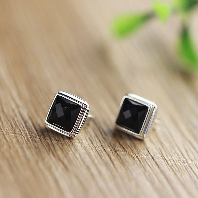 S925 Silver Accessories Cut Black Agate Stud Earrings
