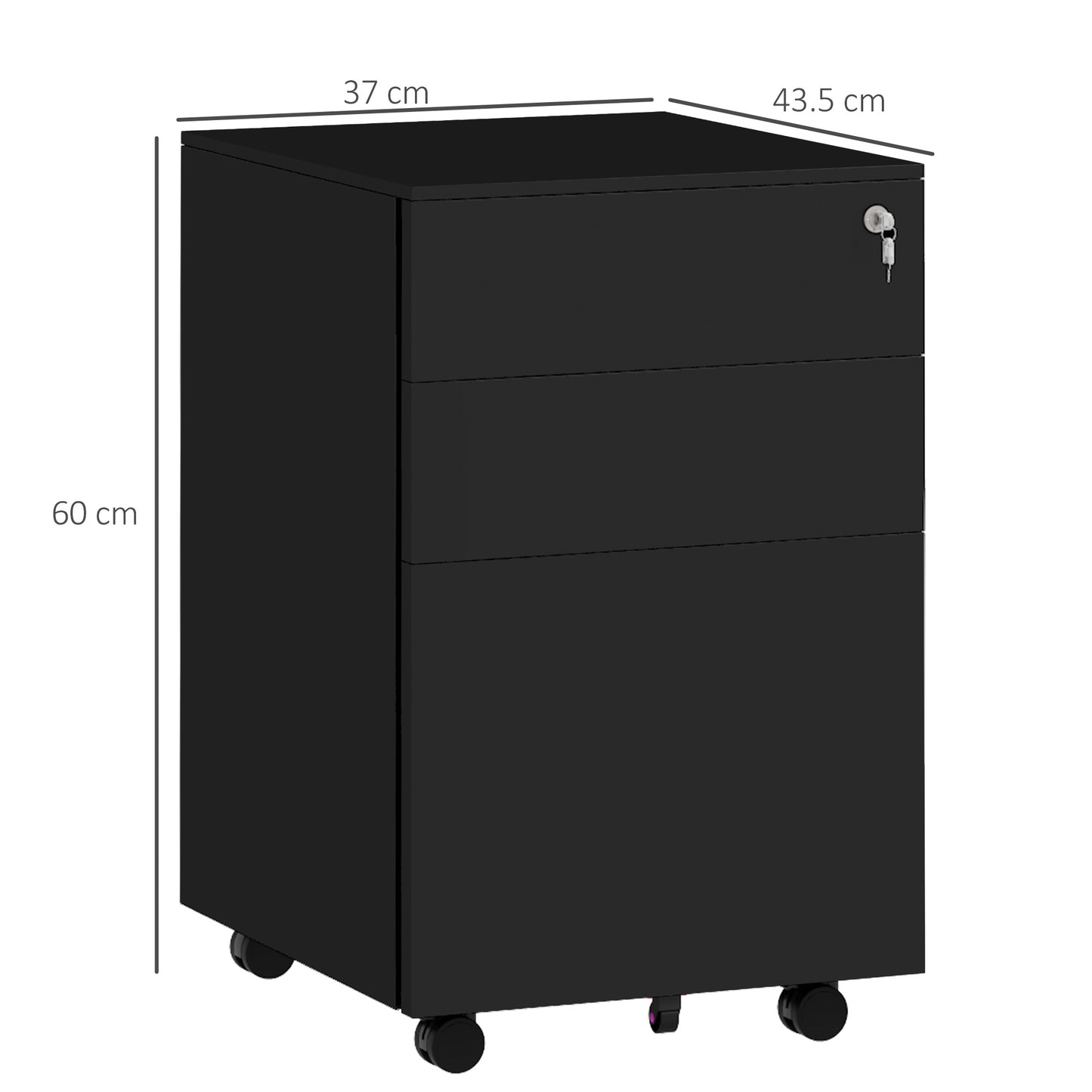 Vinsetto 3-Drawer Vertical Filing Cabinet With Pencil Tray, Lock And 5 Wheels, Steel Mobile File Cabinet, For A4, Legal And Letter Size, Pre-Assembled Body, Black
