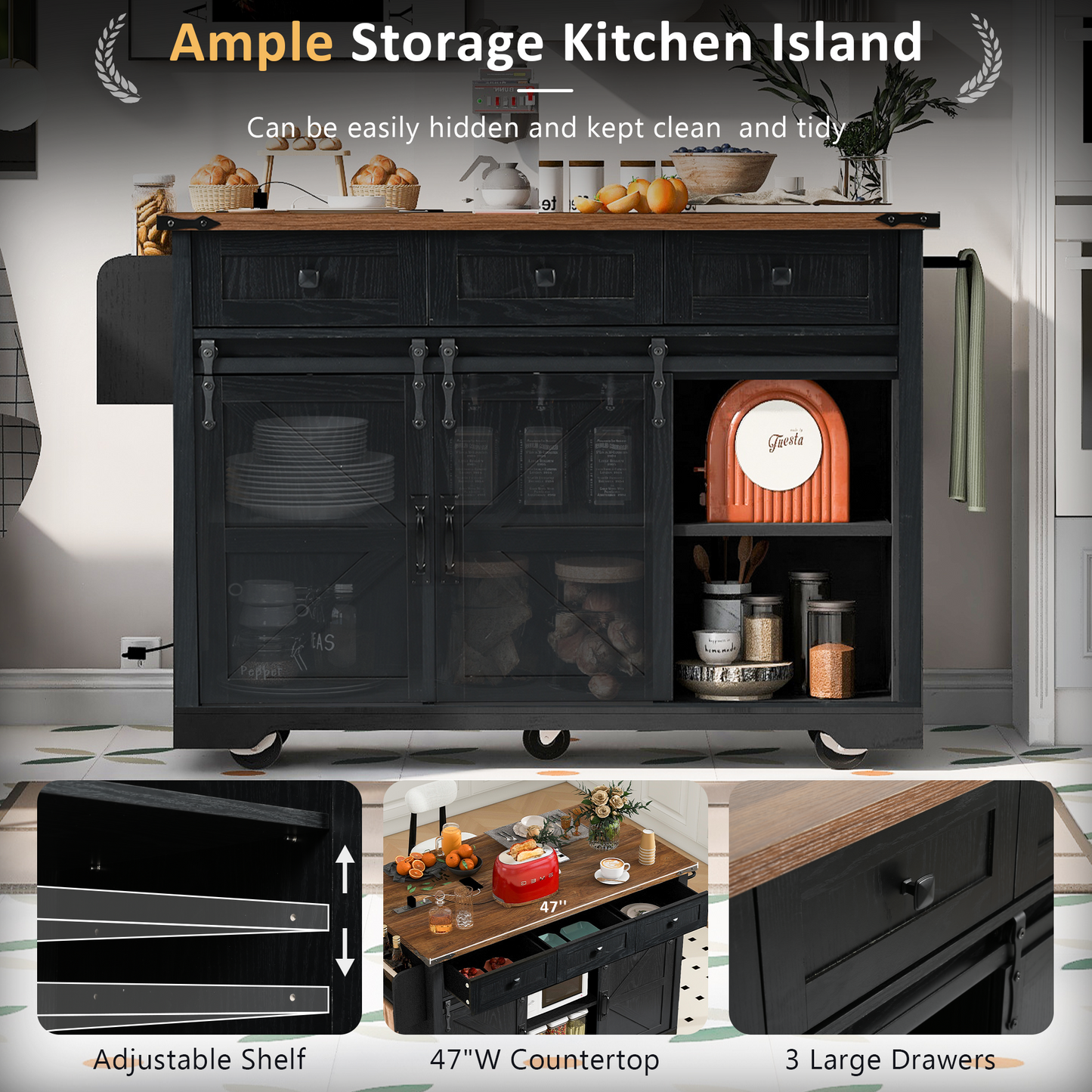 K&K 53.7 Farmhouse Kitchen Island With Power Outlet, 2 Sliding Barn Door Kitchen Storage Island With Drop Leaf, Spice Rack Rolling Kitchen Cart On Wheels, For Home, Kitchen And Dining Room, Black