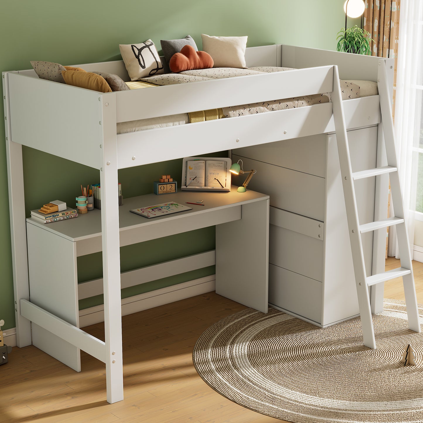 Children's Loft Bed, Multifunctional Children's Bed, With Ladder, With Desk, With Wardrobe, Freely Combinable, Without Mattress, Solid Wood, White 90X200