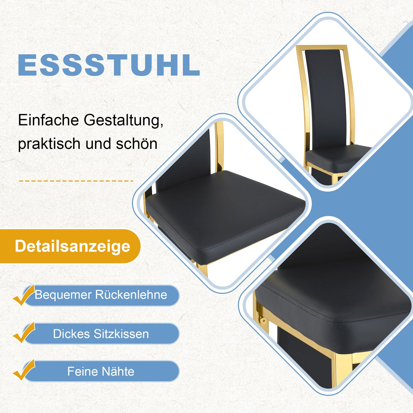 Set Of 4 European Minimalist Dining Chairs With Gold Edge. Black PU Leather Gold Luster Metal Frame, 109cm High, For Versatile Uses Such As Dining Room, Office, Etc.