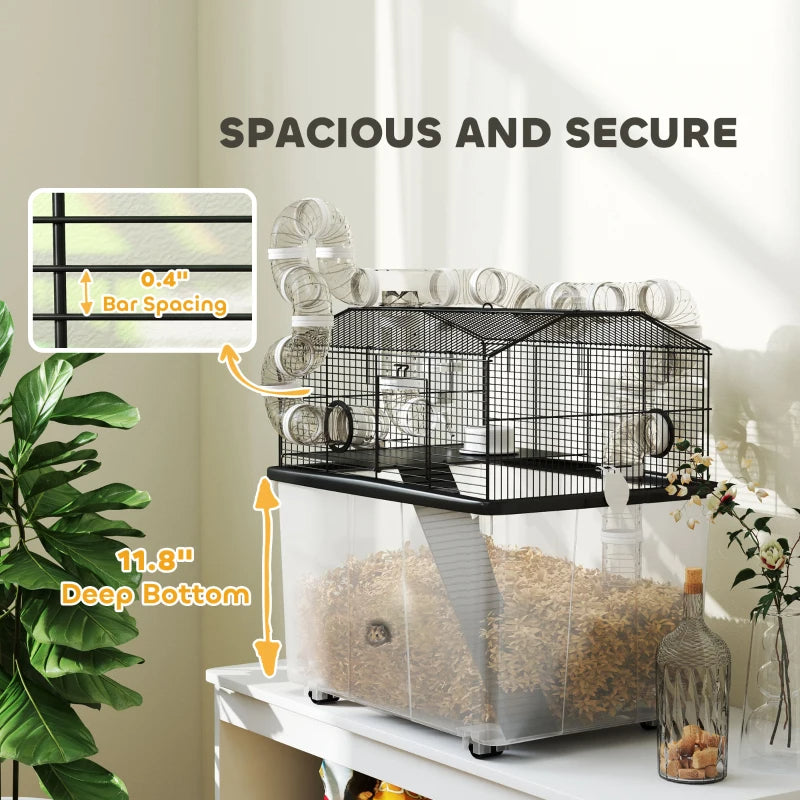 2 Tier Hamster Cage With 12 Deep Tray, Tube System, Water Bottle, Ramp, Feeding Bowl, Black