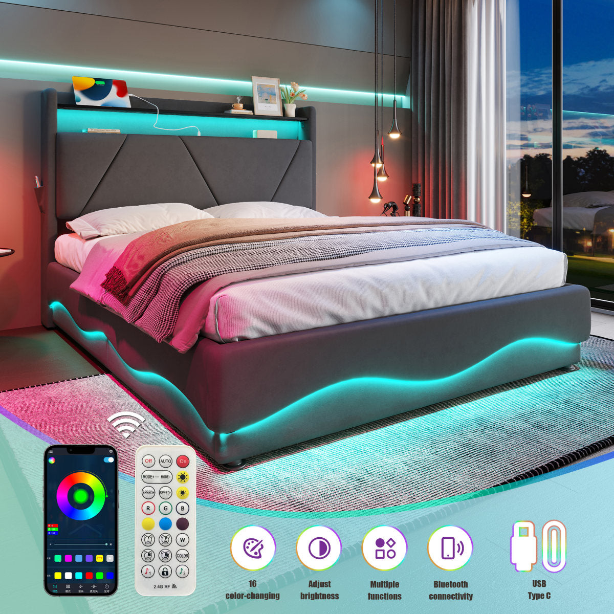 Modern Upholstered Bed Headboard With LED Lighting And Shelving Surfaces, Additional Under-bed Storage, Quiet Gas-pressure Slatted Base, Certified USB Ports, Practical Side Pockets.150x200cm Gray