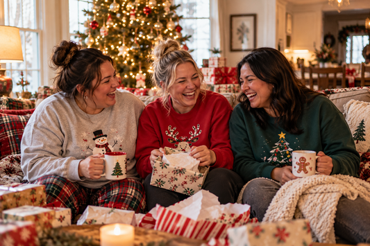 Friends in Christmas sweaters laughing and opening gifts by the tree