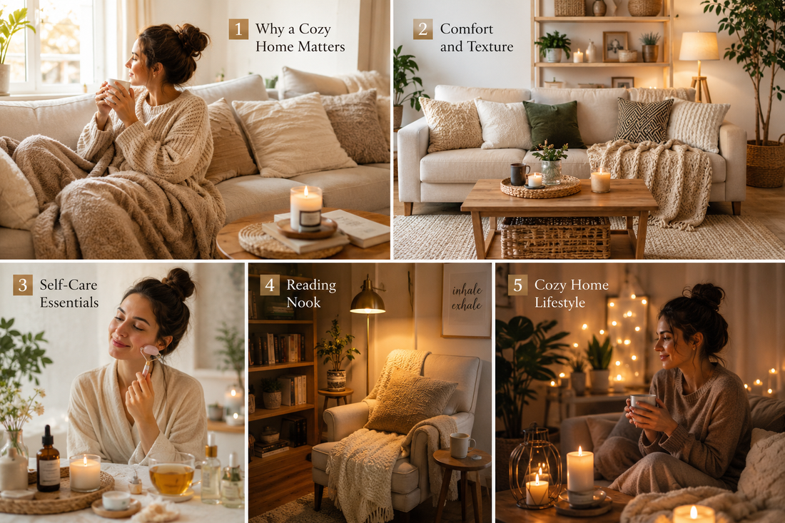 A woman enjoying a relaxing self-care routine at home using skincare products, a face roller, herbal tea, and scented candles. Warm natural lighting, calm atmosphere, wellness lifestyle photography.