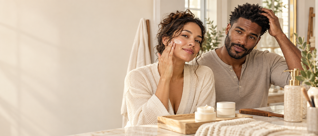Two adults preparing everyday beauty and grooming routines at home