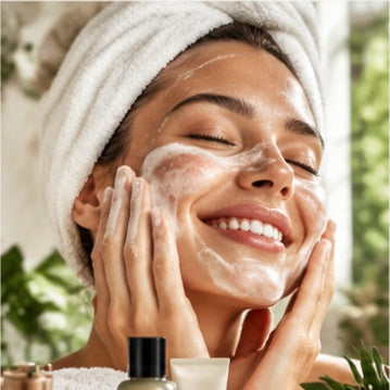 A woman gently cleansing her face in a bright bathroom