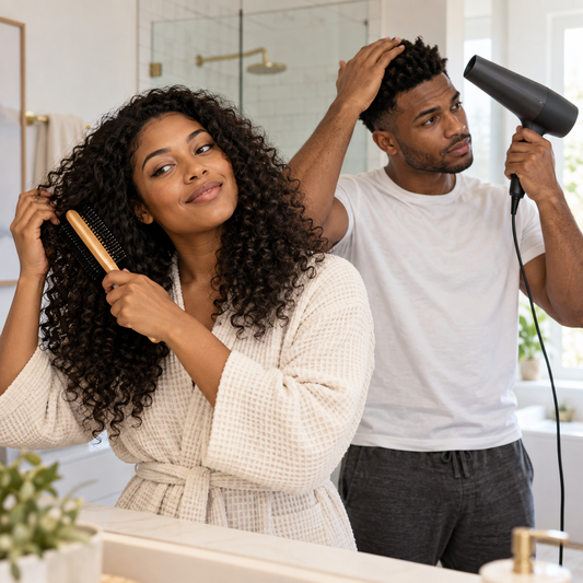 Two adults styling their hair with a brush and dryer