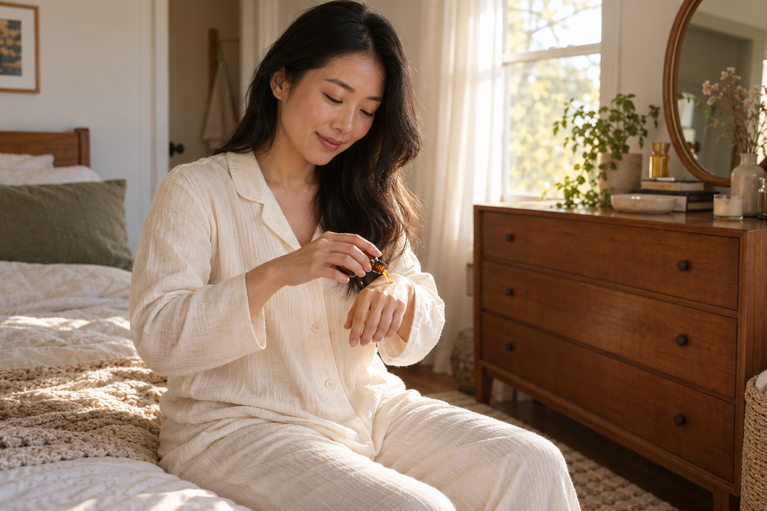Woman applying a small drop of body oil to her hand in a warm bedroom
