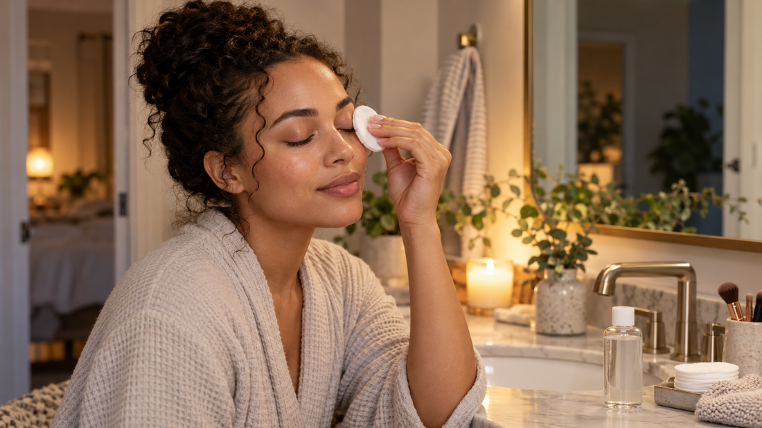 Woman gently removing eye makeup at a warm bathroom vanity