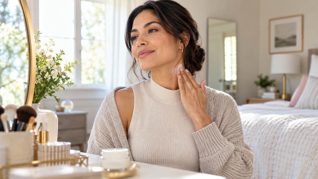 Woman gently applying moisturizer to the side of her neck