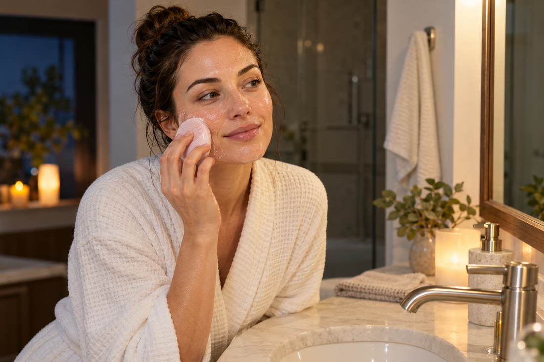 Woman gently using a silicone facial cleansing brush at the bathroom sink