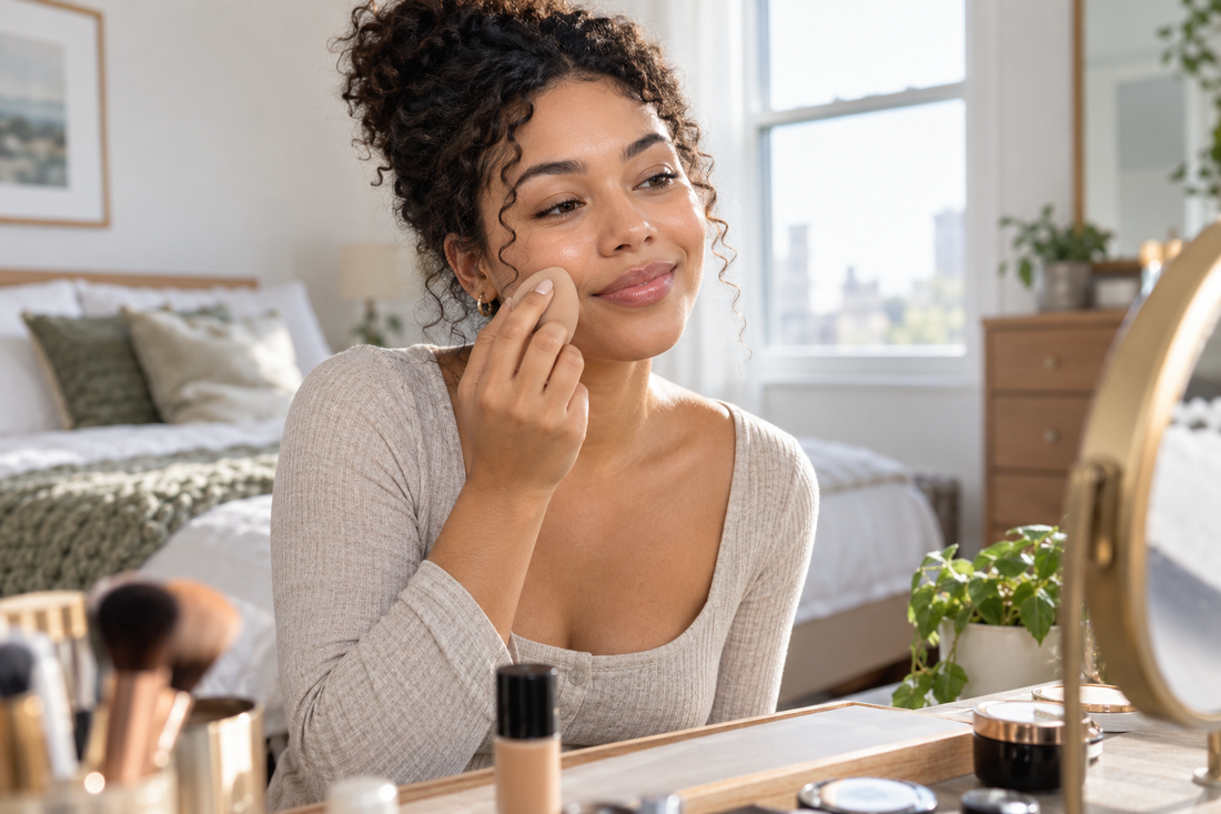 Woman gently pressing a makeup sponge onto her cheek at a sunny vanity