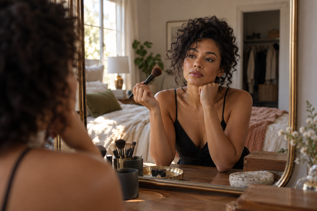 A quiet moment with a makeup brush at the mirror