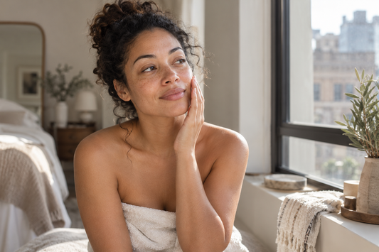 A quiet skincare moment beside a sunlit window