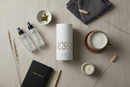 Curated Korean beauty, home, and lifestyle products arranged in a bright modern setting