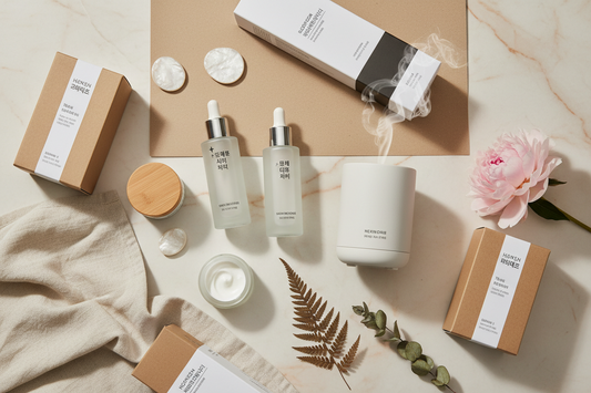 Curated Korean beauty, home, and lifestyle products arranged in a bright modern setting  글 마지막 연결 문구