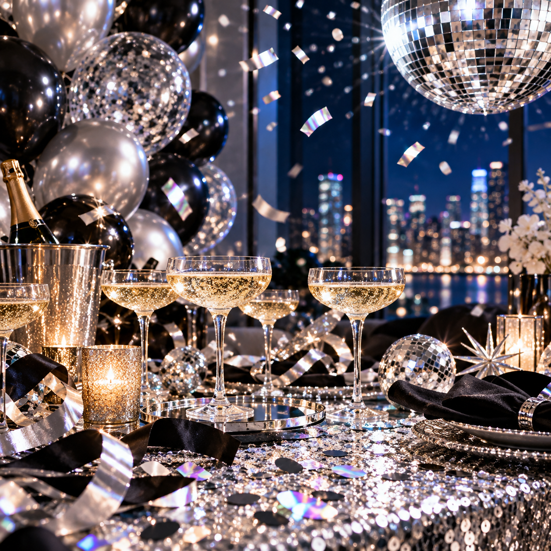 New Year's Eve party table with gold and silver decorations