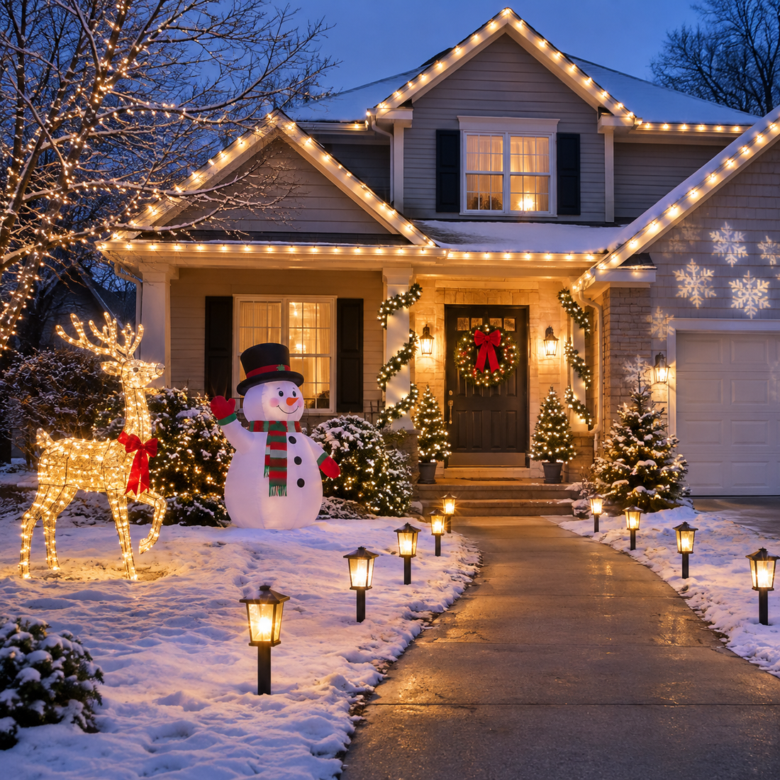 House decorated with warm white Christmas lights, lighted reindeer, snowman and pathway lanterns in the snow