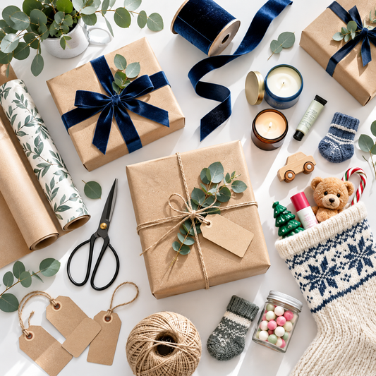 Christmas gift wrap, ribbons and stocking stuffers