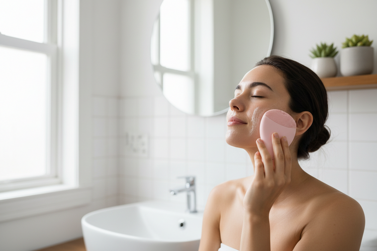 Facial cleansing brush used for daily skincare and gentle face cleansing at home