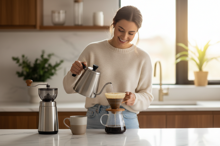 Hands holding premium ceramic coffee cup with artisan coffee brewing setup in modern kitchen
