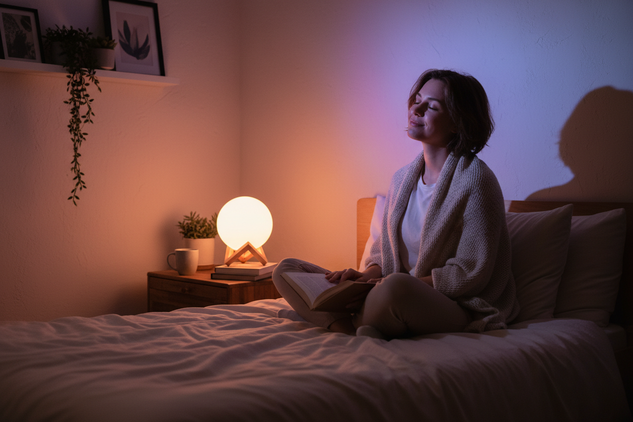 LED mood lamp glowing softly in a cozy bedroom or modern home interior