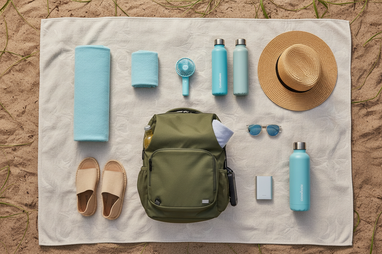 Outdoor essentials including cooling vest and portable fan for summer travel and outdoor activities
