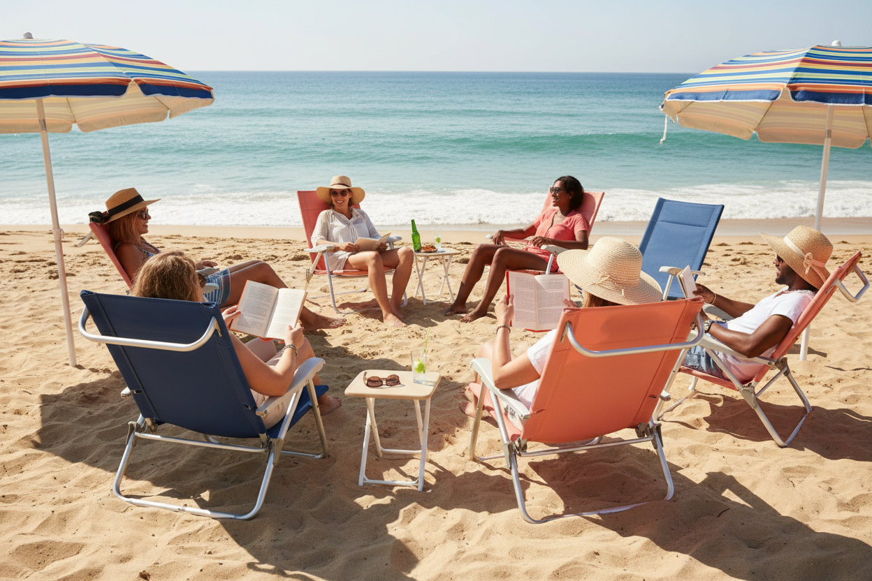 Portable beach chairs on sandy beach with foldable lightweight design for summer outdoor relaxation and travel