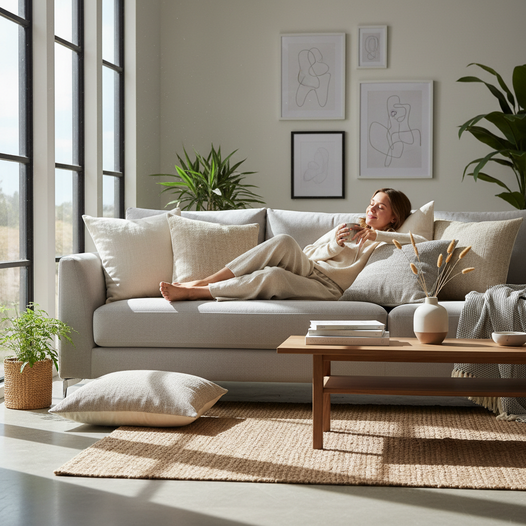 Linen cushion cover styled on a sofa or bed in a cozy modern home interior