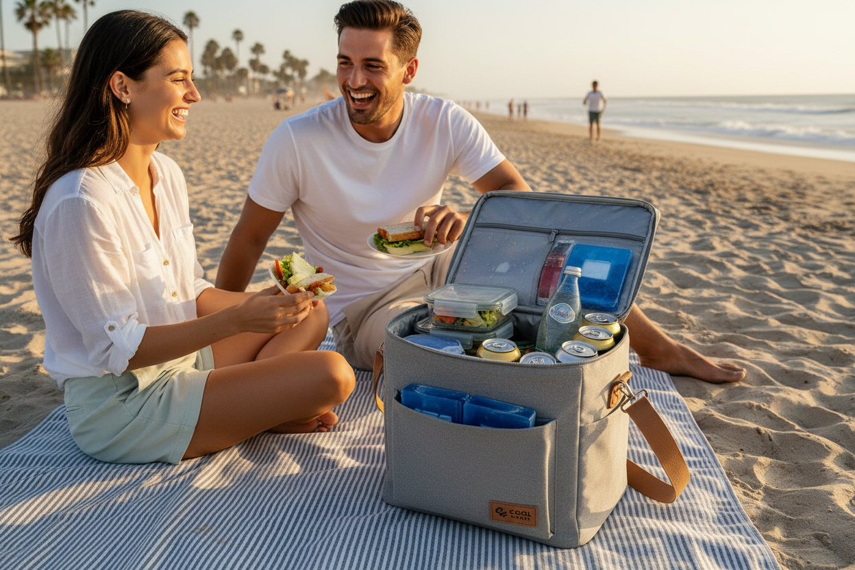 Insulated cooler bag for food and drinks used for travel beach picnic and outdoor activities