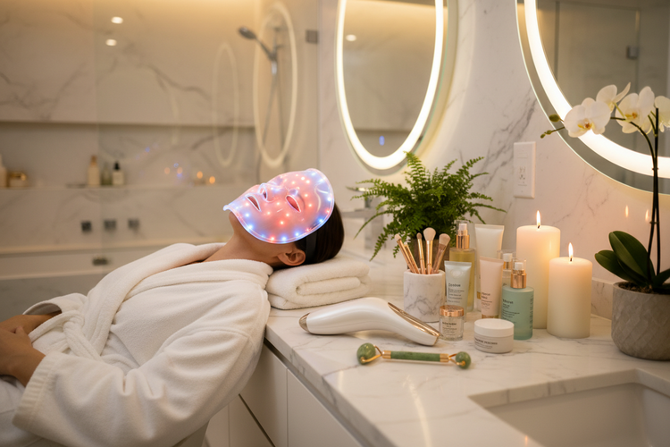 Woman using LED facial light therapy mask