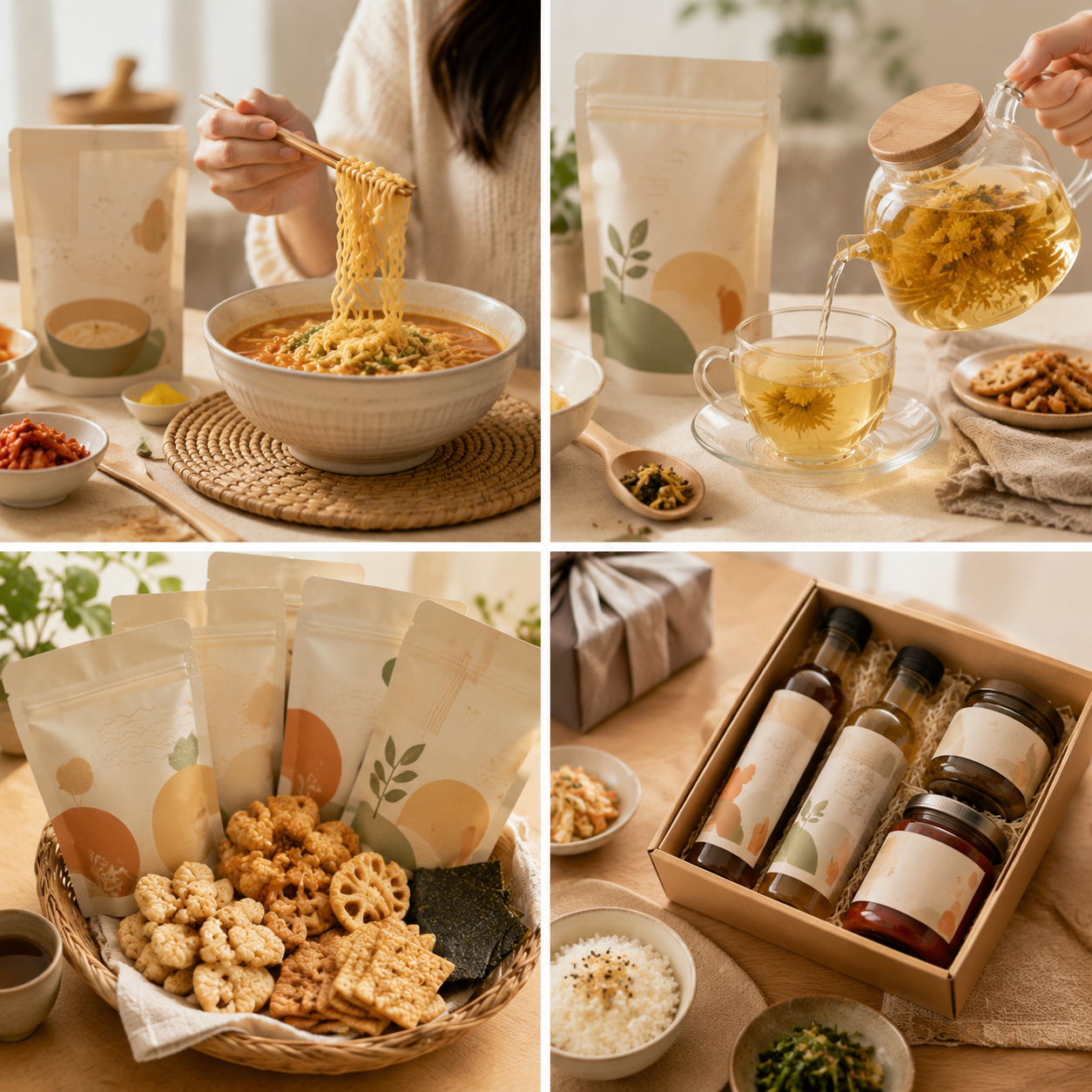 Korean food and tea collage featuring ramen, tea, snacks, and gift sets in a warm lifestyle setting.