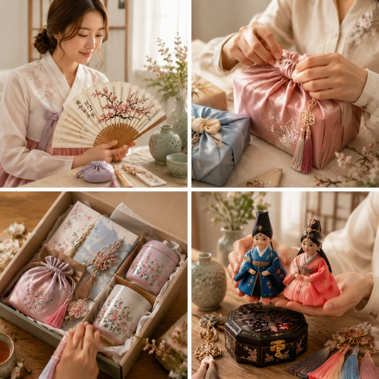 Korean crafts gift set collage showing handmade items, traditional accessories, and people using products in a warm lifestyle setting.