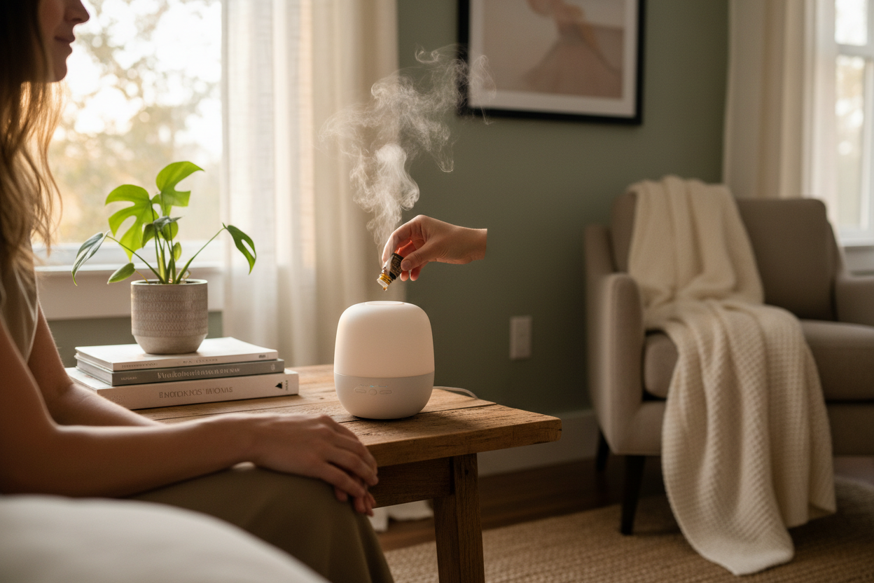 Aroma diffuser styled in a cozy modern home interior creating a calm ambient atmosphere