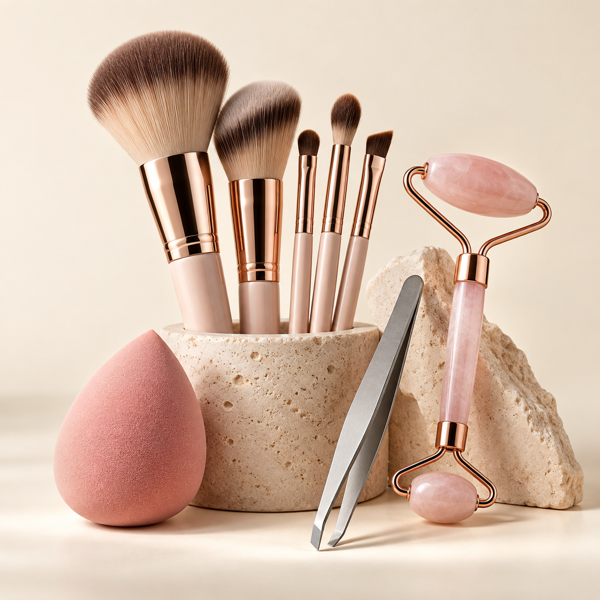 Product-centered beauty-tools collection still life