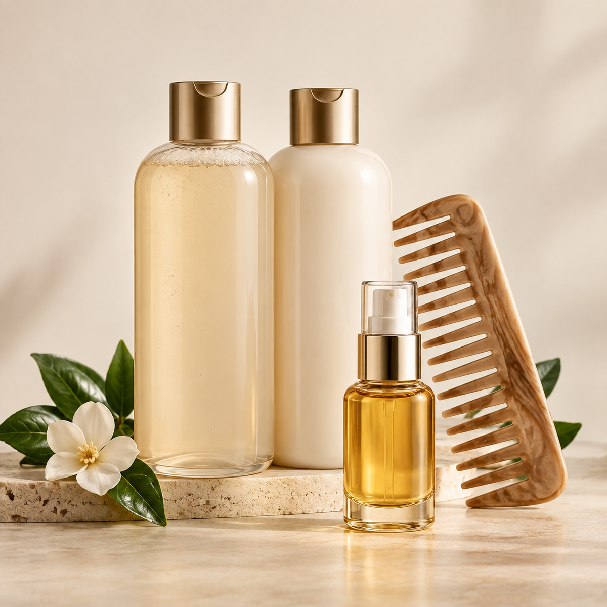Product-centered hair-care collection still life