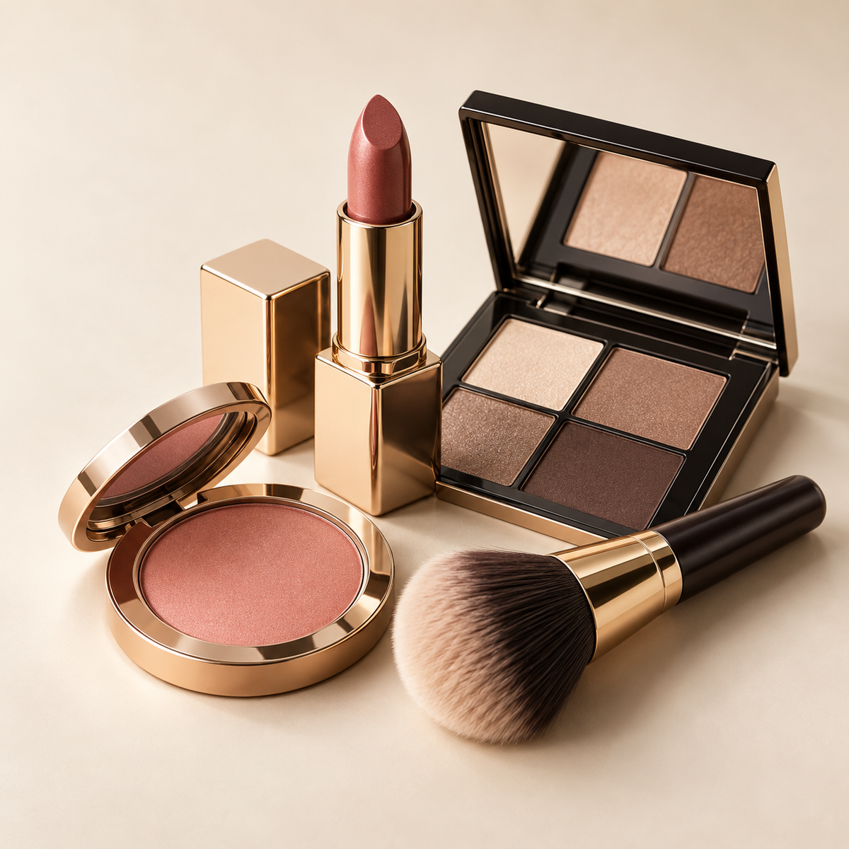 Product-centered makeup collection still life