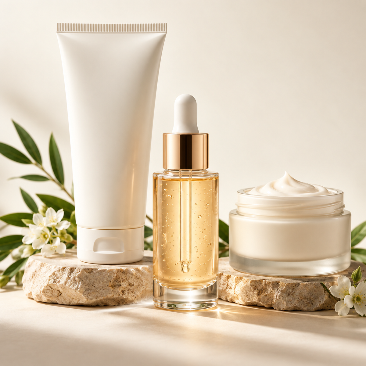 Product-centered skincare collection still life