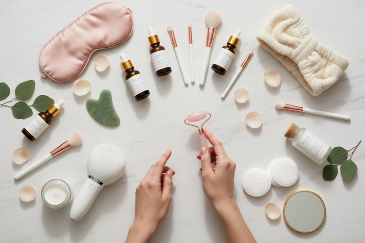 Beauty tools and self care essentials styled for a clean relaxing daily routine at home