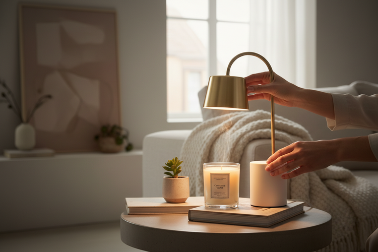 Minimal candle warmer lamp styled in a modern cozy interior with soft decorative ambiance