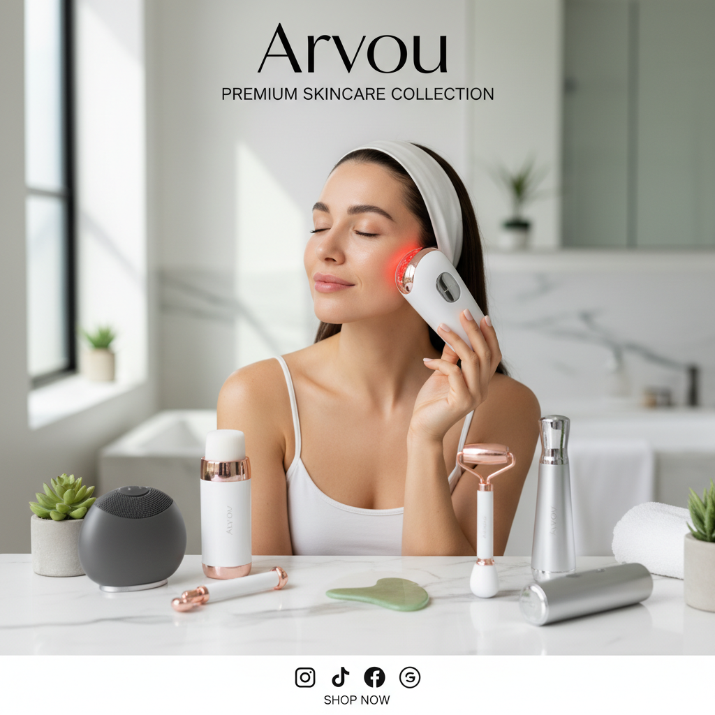 Skincare gadgets including LED beauty devices, facial cleansing brushes, ice rollers, facial massagers, and beauty tools for everyday skincare by Arvou.