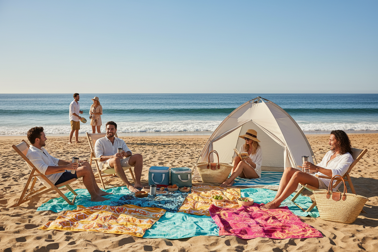 Portable beach chair with foldable design on sandy beach for comfortable summer outdoor seating  KR