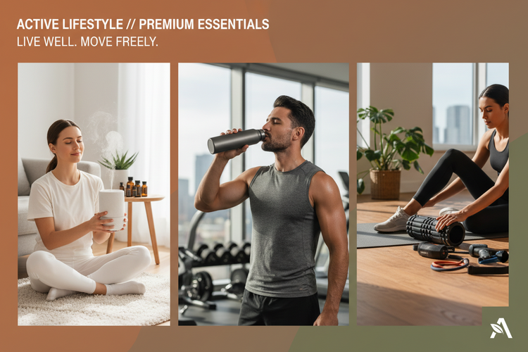 Premium active lifestyle essentials featuring fitness accessories, wellness products, recovery tools, and everyday active living gear by Arvou.