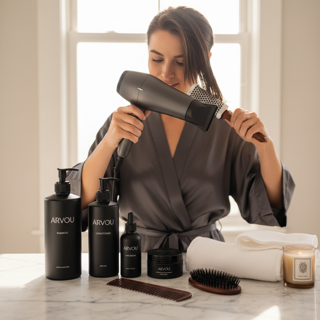 Premium hair and grooming essentials featuring hair care products, styling tools, brushes, combs, and grooming accessories by Arvou.