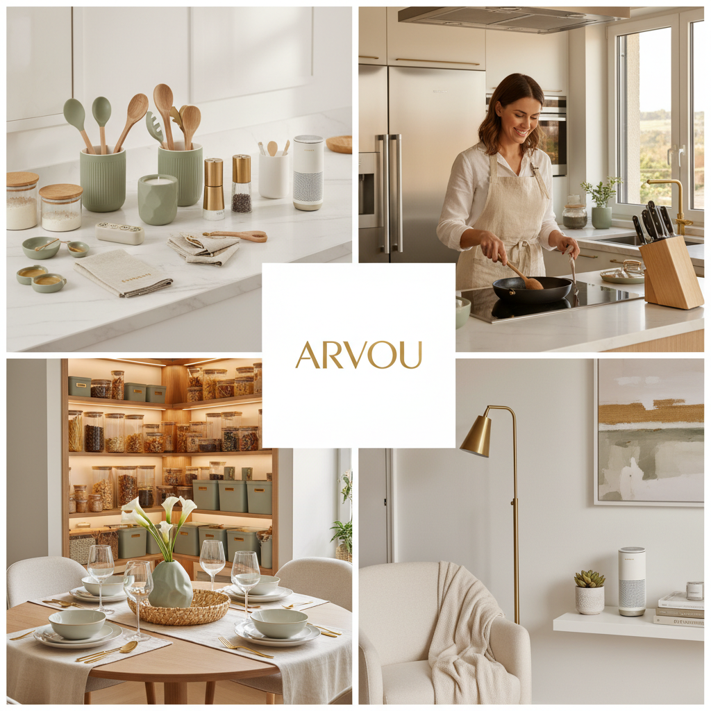 Premium home and kitchen essentials featuring modern cookware, home organization, dining accessories, and stylish home décor by Arvou.