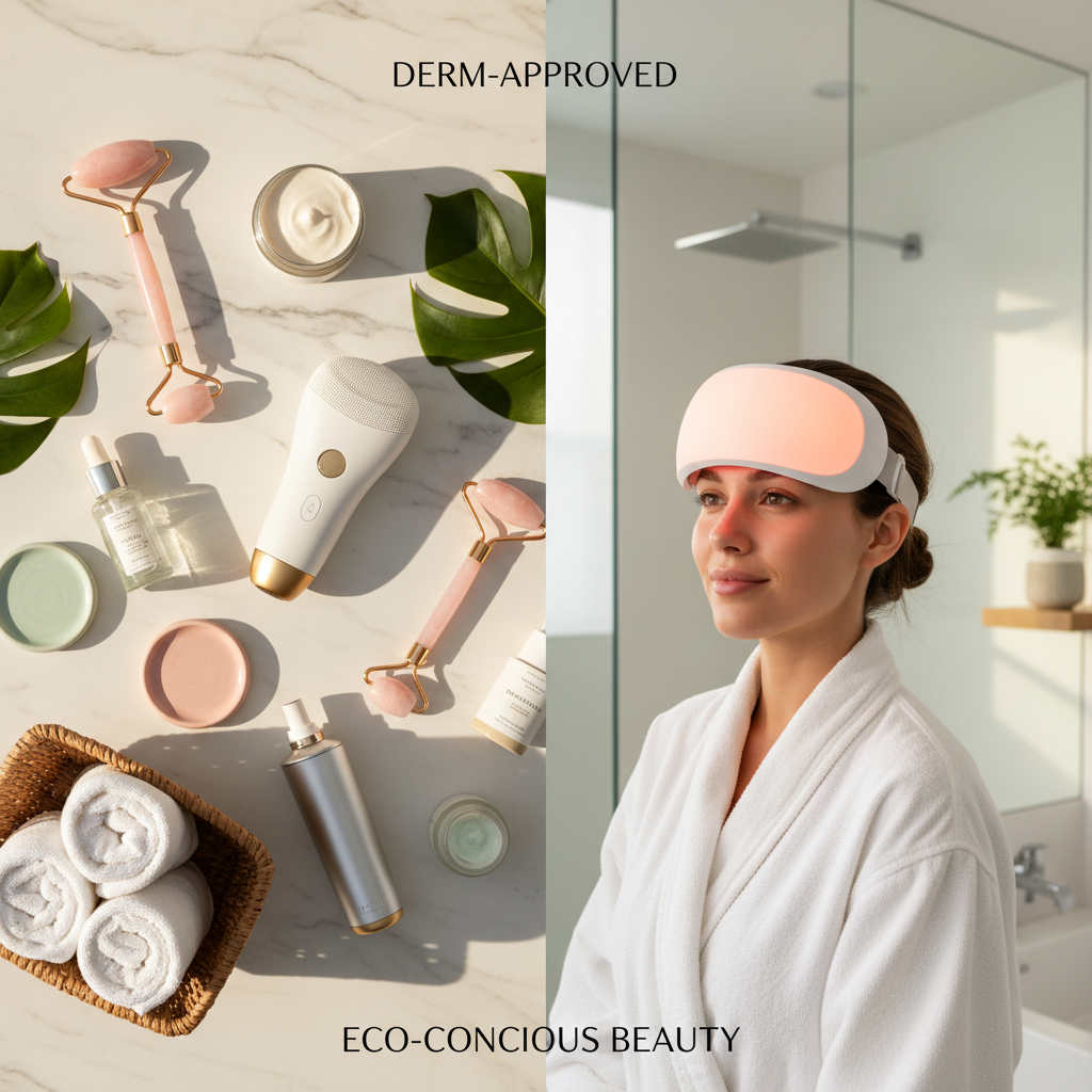 Woman using a premium LED facial beauty device with skincare tools and beauty essentials for an at-home skincare routine.