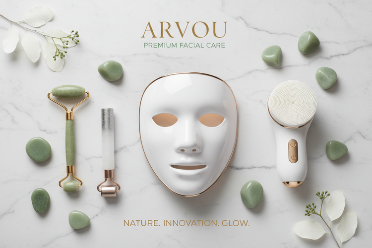 Beautiful woman applying premium jade roller on face in bright  bathroom with natural morning light and skincare products visible