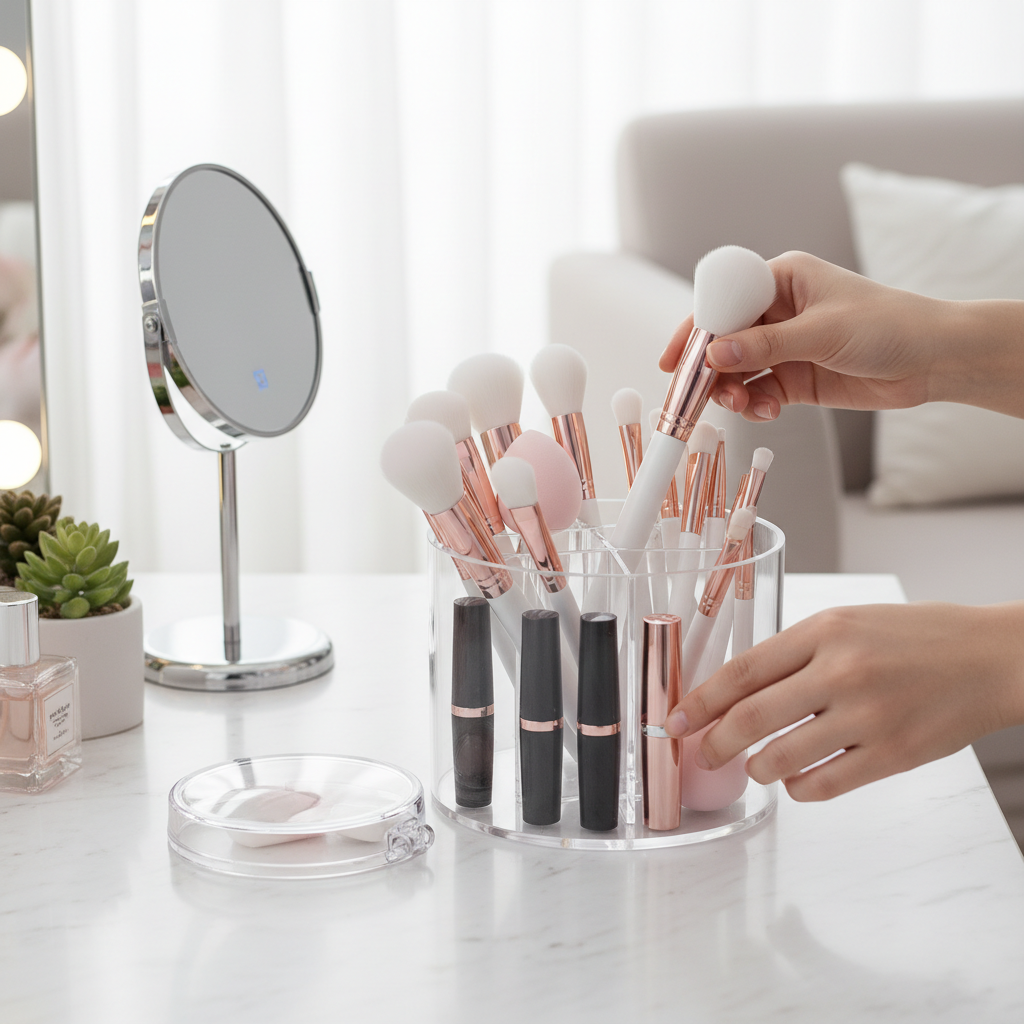 makeup brush holder organizer for clean cosmetic storage on vanity