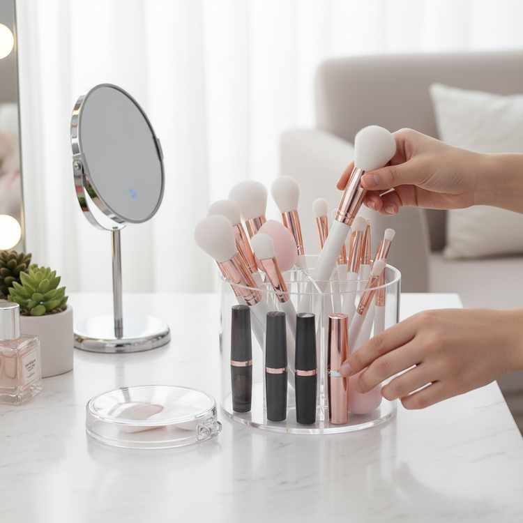 makeup brush holder organizer for clean cosmetic storage on vanity